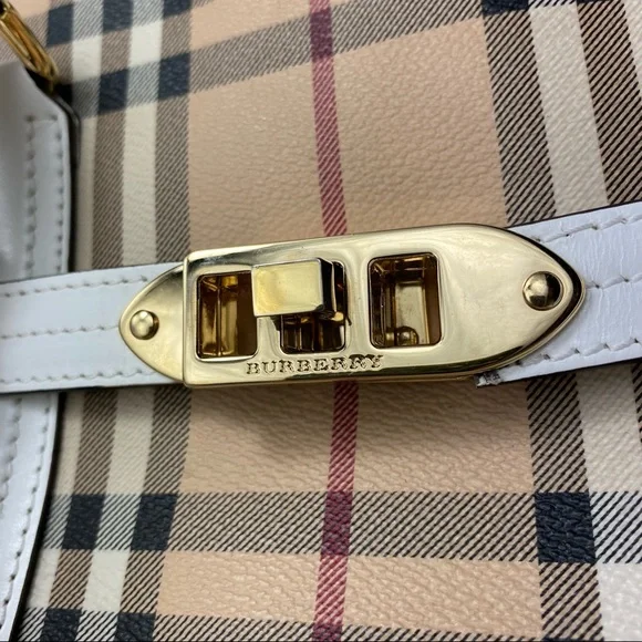 VTG Burberry Minford Satchel Haymarket Coated Canvas White Leather Gold Hardware - Picture 16 of 16